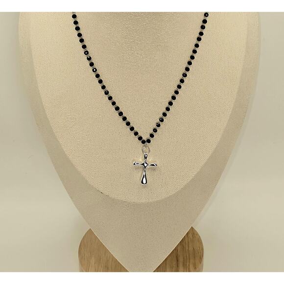 Sterling Silver Cross Necklace Adjustable Black Rosary Chain Lightweight - Picture 1 of 6